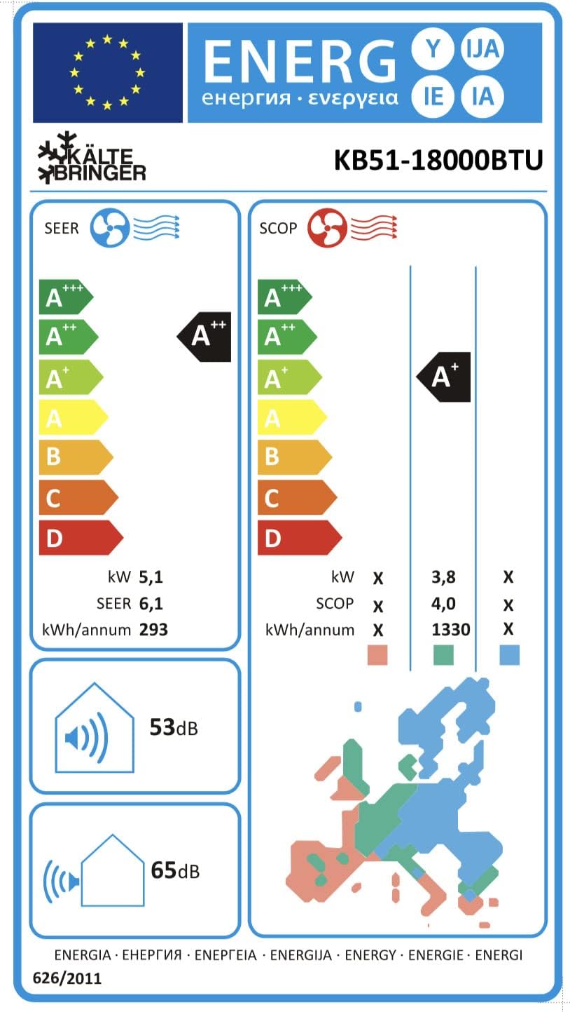 Kältebringer Climatiseur Split - 18000 BTU (5,1 kW) - Avec fonction chauffage, WiFi et App - très silencieux & économe en énergie - kit complet, 5m conduite de frigorigène, R32, matériel de montage