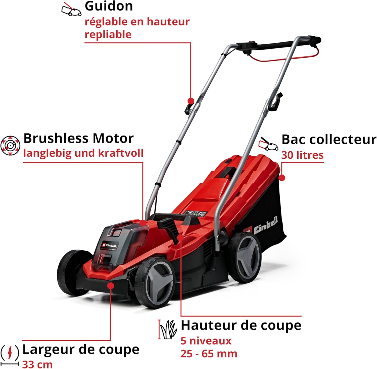 Einhell Tondeuse à gazon sans fil GE-CM 18/33 Li Kit Power X-Change (18V, Largeur de Coupe 33cm, Surface conseillée 200 m²) Livré avec Batterie 4,0 Ah et Chargeur