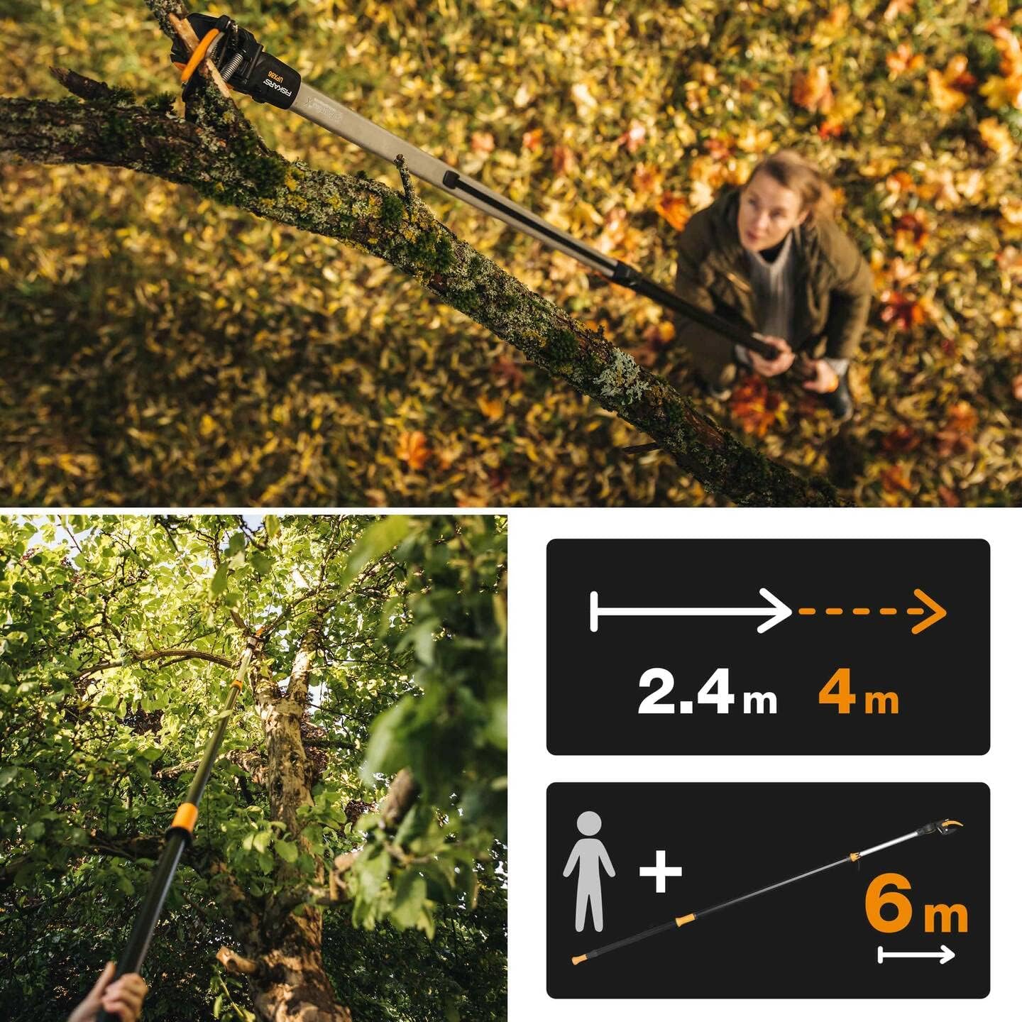 Fiskars Coupe-Branches Multifonctions Télescopique, pour Bois vert et Rameaux, Revêtement antiadhésif, Lame en acier/manche en aluminium, longueur 2,4 - 4 m, noir/orange, UPX86, 1023624