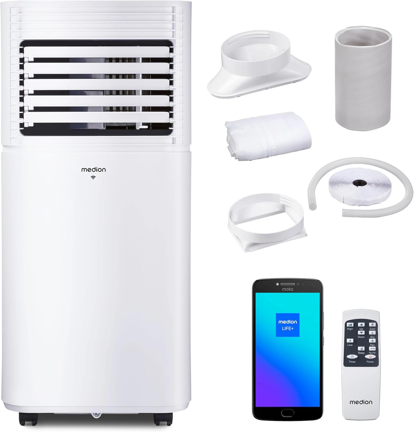 MEDION Smart Climatiseur Mobile P1002 (10000 BTU, 3-en-1, Refroidir, Déshumidification, Ventilation, jusqu'à 34m², kit de joint de fenêtre, mode sommeil, contrôle Wifi, Télécommande, Écran, MD 37733)