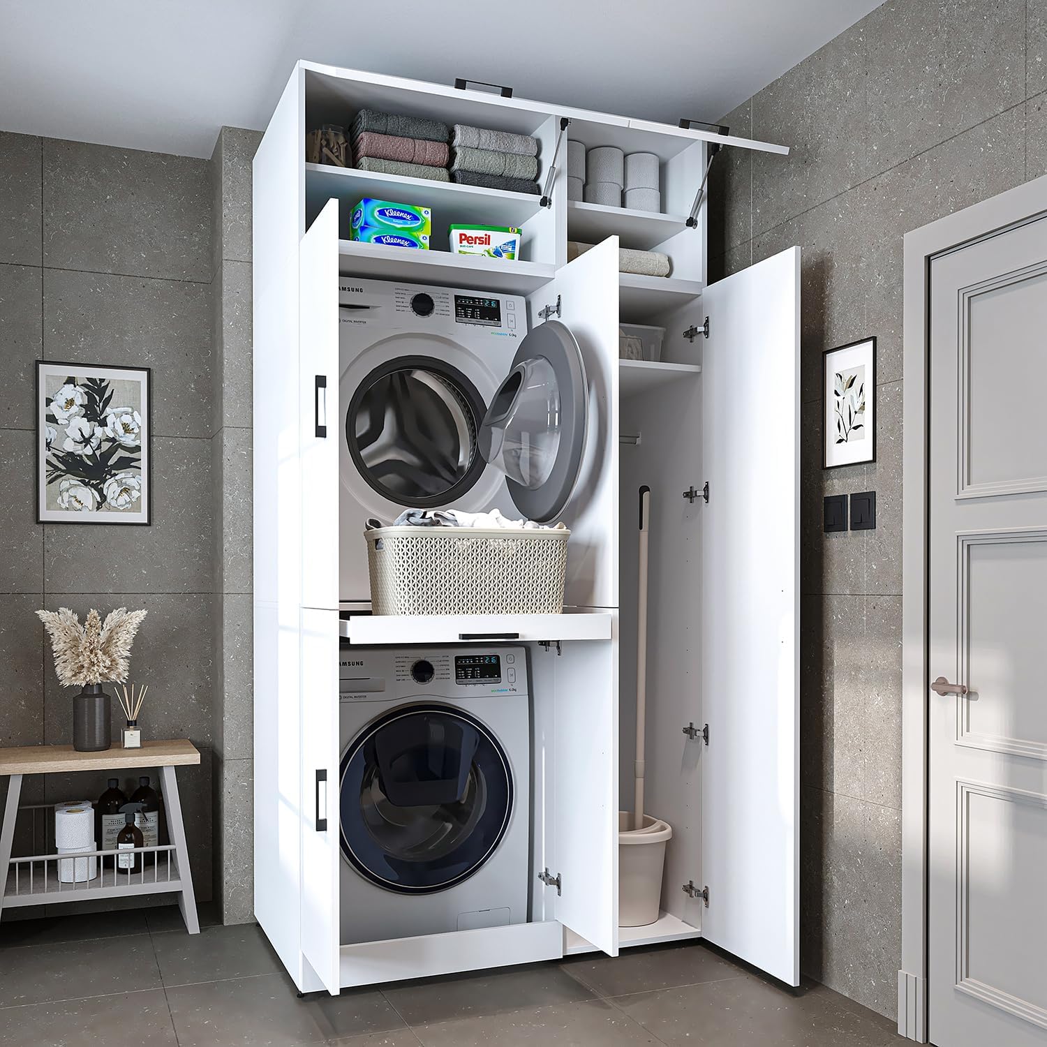 ROOMART Dora - Armoire de machine à laver - Pour sèche-linge et machine à laver - En 4 couleurs - Avec portes et panneau coulissant - Blanc - Chêne blanc - Chêne anthracite - Chêne blanc (chêne blanc)