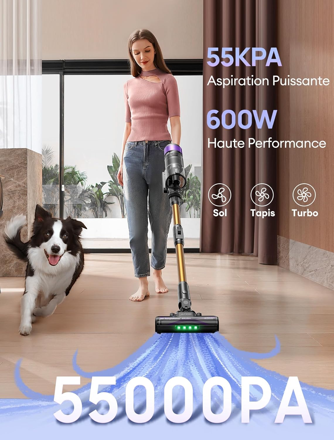 Ultenic U20 Aspirateur Balai sans Fil, 55kPa/60min Aspirateur sans Fil, Technologie GreenEye, Tube Pliable, Brosse de Sol TangleTame, Puissant pour Poils Animaux, Sol Dur et Voiture