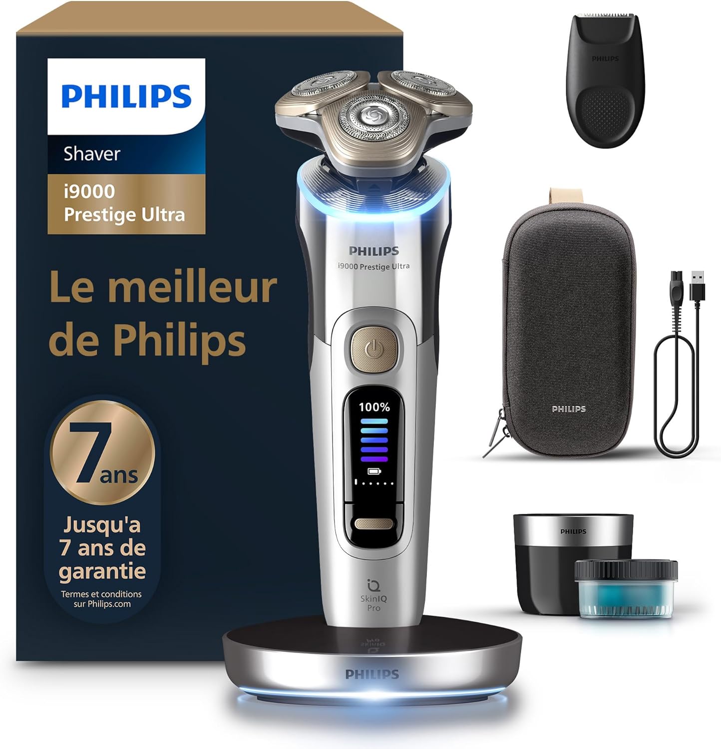 Philips Rasoir i9000 Prestige Ultra, Rasoir électrique 100% étanche, Technologie Skin IQ Pro, Système Triple Lift & Cut, Lames de précision NanoTech rotatives 360°, 5 modes de rasage, XP9401/38