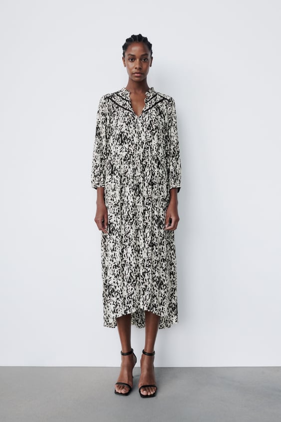 PRINTED DRESS WITH LACE INSERTS