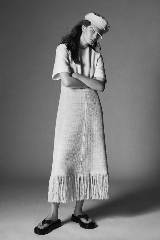 TEXTURED WEAVE DRESS WITH FRINGE