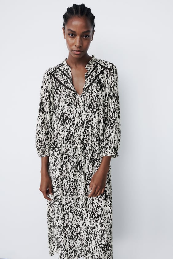 PRINTED DRESS WITH LACE INSERTS