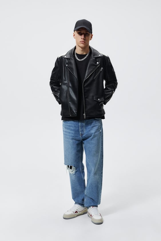 CONTRAST FAUX LEATHER BIKER JACKET
