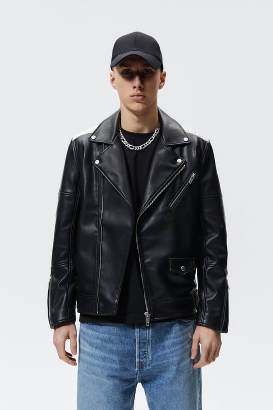 CONTRAST FAUX LEATHER BIKER JACKET