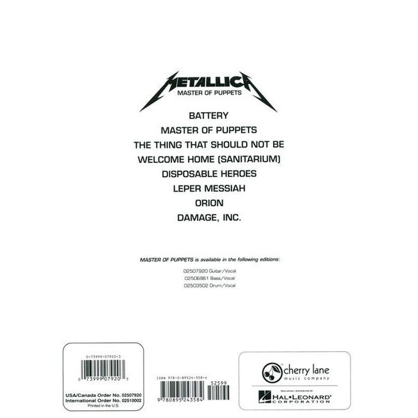 Cherry Lane Music Company Metallica Master Of Puppets