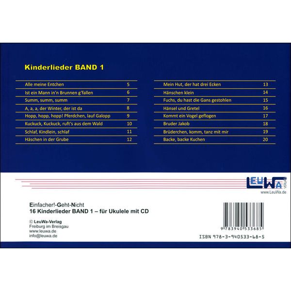 LeuWa-Verlag 16 Kinderlieder Ukulele 1