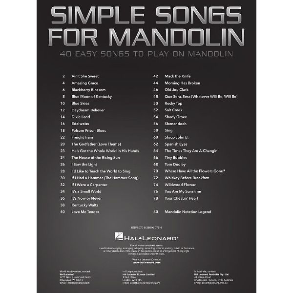 Hal Leonard Simple Songs For Mandolin