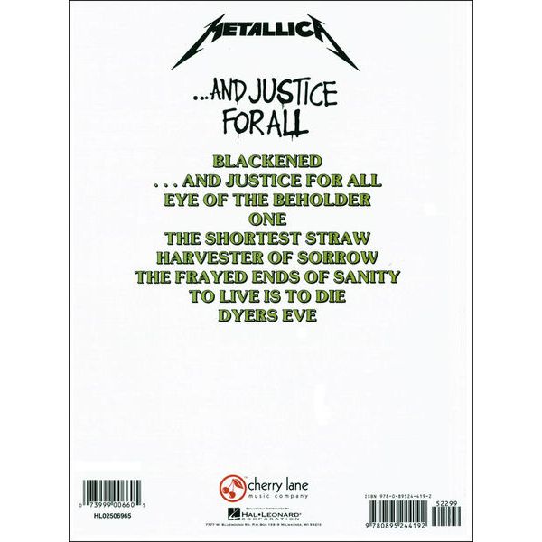 Cherry Lane Music Company Metallica And Justice For All