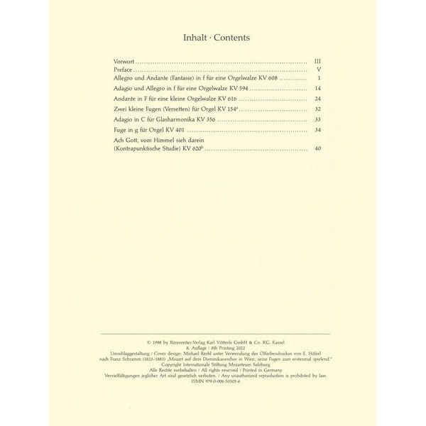 Brenreiter Mozart Werke for Orgel