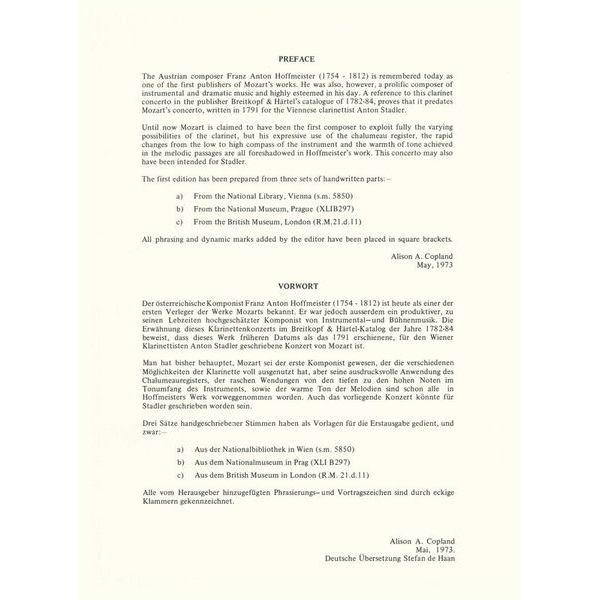 Schott Hoffmeister Klarinettenkonzert