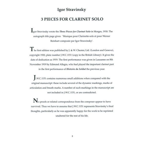 Chester Music Strawinsky Three Pieces Clarin