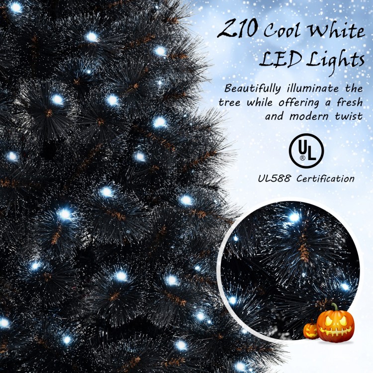 6/7/8 Feet Black Artificial Halloween Christmas Tree with PVC Branch Tips and 210/320/450 Cool White LED Lights