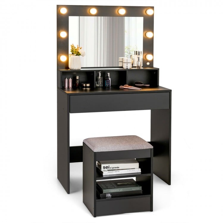 Vanity Table Set with Cushioned Stool and Lighted Mirror