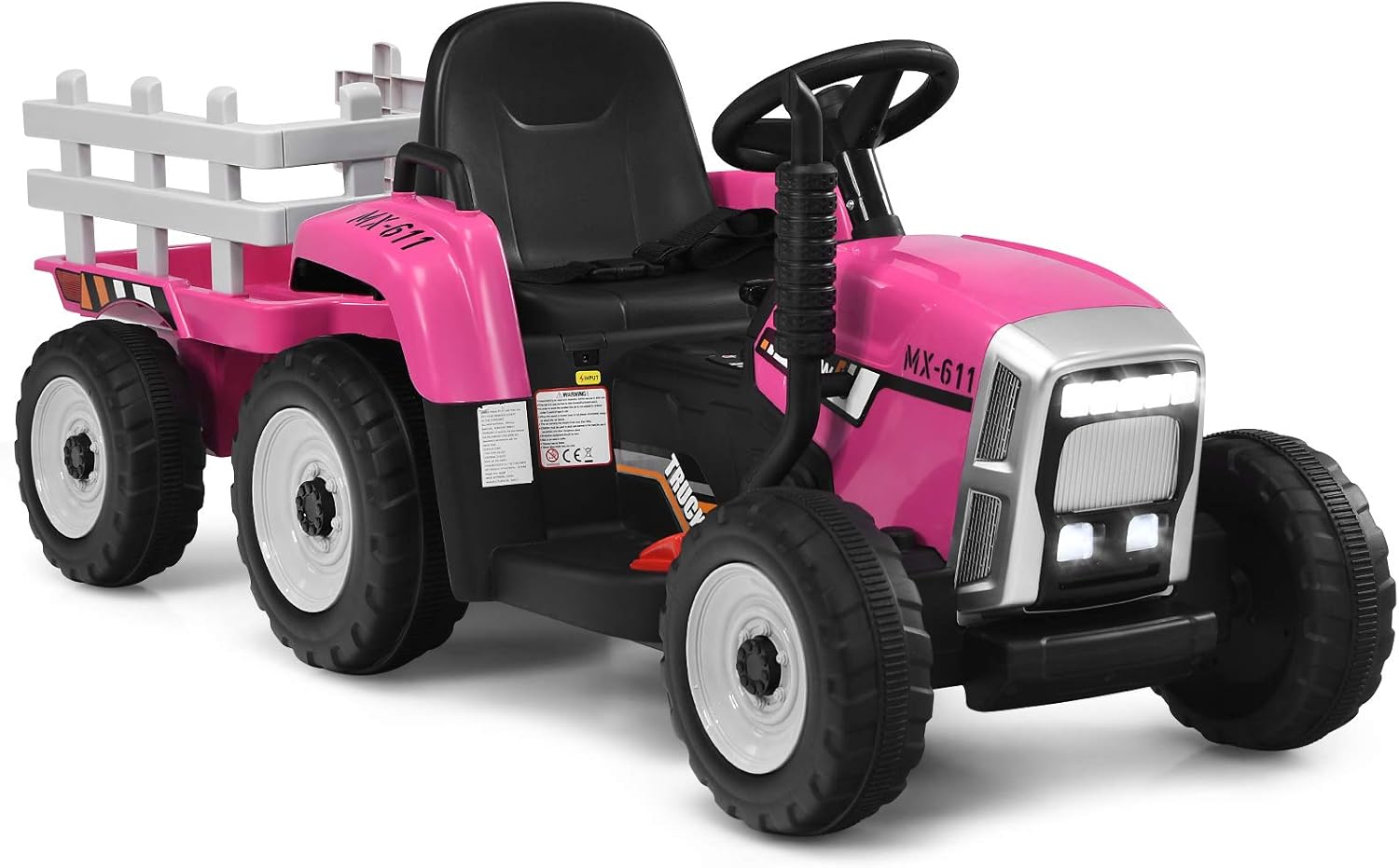 COSTWAY 12V 3-speed traktor med aftageligt vedhæng og 2,4 G fjernbetjening, børn overnatningstraktor med LED-lys, musik, horn og USB-funktioner, velegnet til børn fra 3 år (grøn)