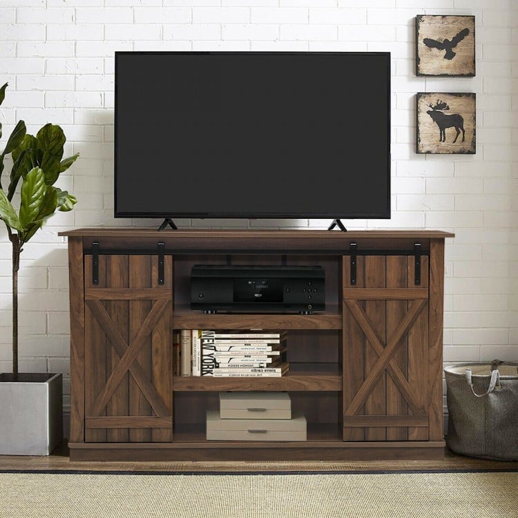 Farmhouse Wood TV Stand for TVs up to 60 Inch with Sliding Barn Doors