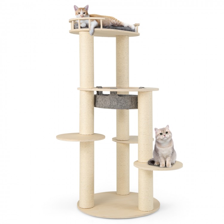 5-level Wooden Cat Tree with Padded Perch Non-woven Hammock