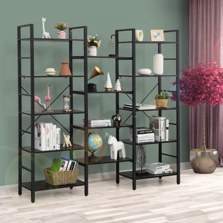Vintage Industrial Style Triple Wide 5-Tier Bookcase with Metal Frame