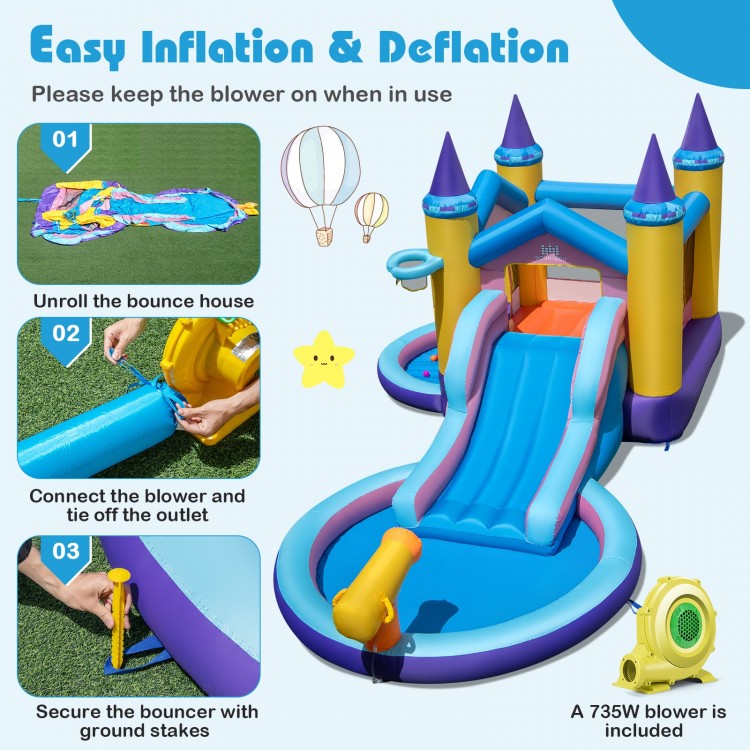 6-in-1 Inflatable Kids Water Park with 735W Blower