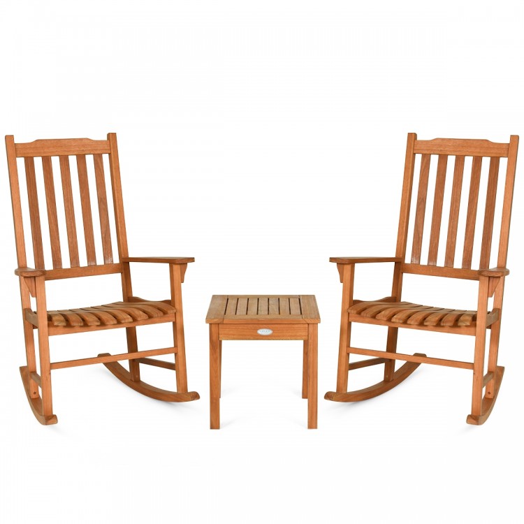 3 Pieces Eucalyptus Rocking Chair Set with Coffee Table