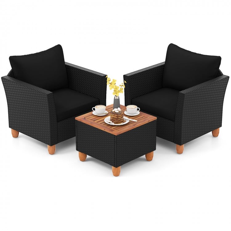 3 Pieces Outdoor Patio PE Rattan Furniture Set with Cushions and Acacia Wood Coffee Table