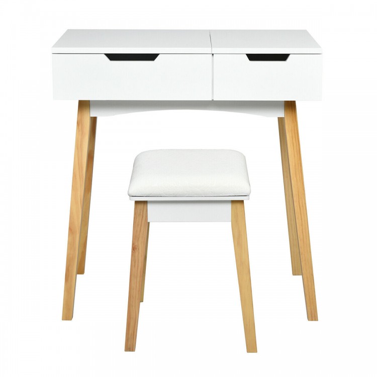 Wooden Vanity Table with Flip Top Mirror and Cushioned Stool