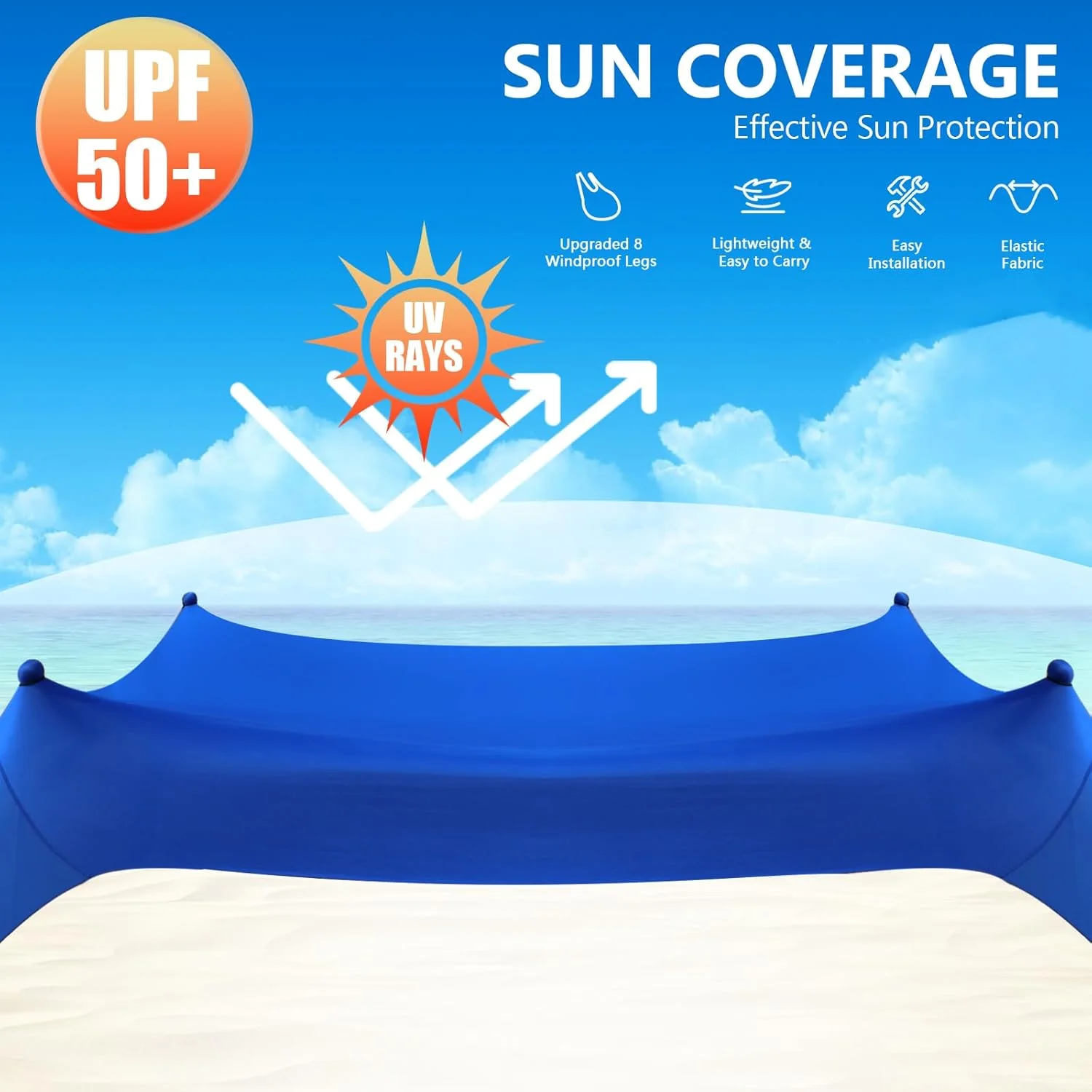 Beach Tent Sun Shelter, 10 x 10 FT Beach Canopy Tent Sun Shade Heavy Duty, UPF50+ Beach Tent Canopy with 8 Sandbags & 4 Stability Poles, Outdoor Beach Shade Canopy for Camping and Fishing, Blue