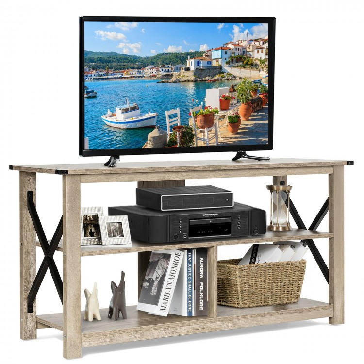 3 Tier Wood TV Stand for 55-Inch with Open Shelves and X-Shaped Frame