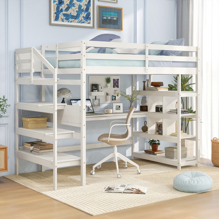 Twin Size Loft Bed with Desk and Storage Stairs Loft Bed Frame with Shelves and Safety Guardrails