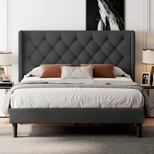 Feonase Full Size Bed Frame with Upholstered Wingback Headboard, Platform Bed and Heavy Duty Wooden Slats Support, Easy Assembly, Noise-Free, No Box Spring Needed, Dark Gray