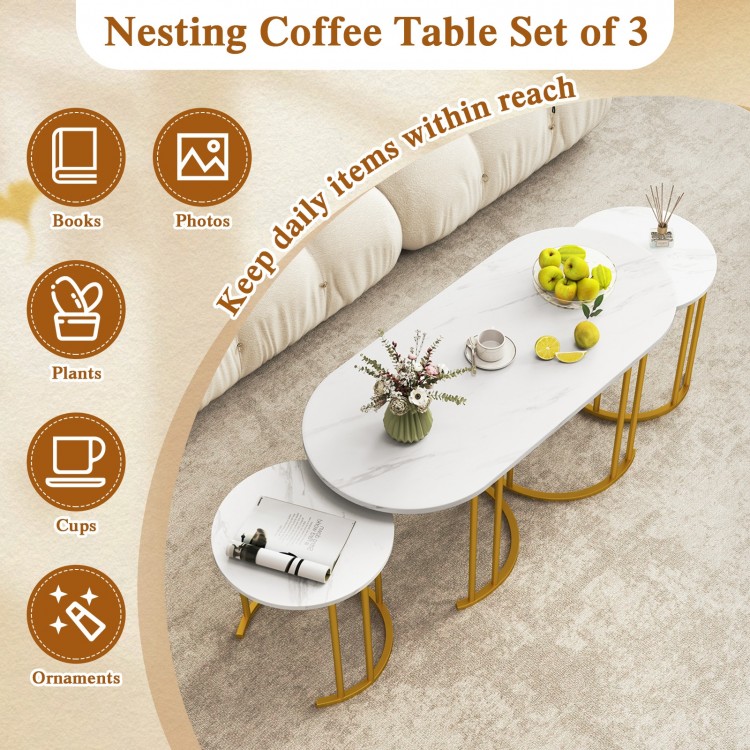 Nesting Coffee Table Set of 3 with Faux Marble Tabletop and Powder-coated Gold Metal Frame