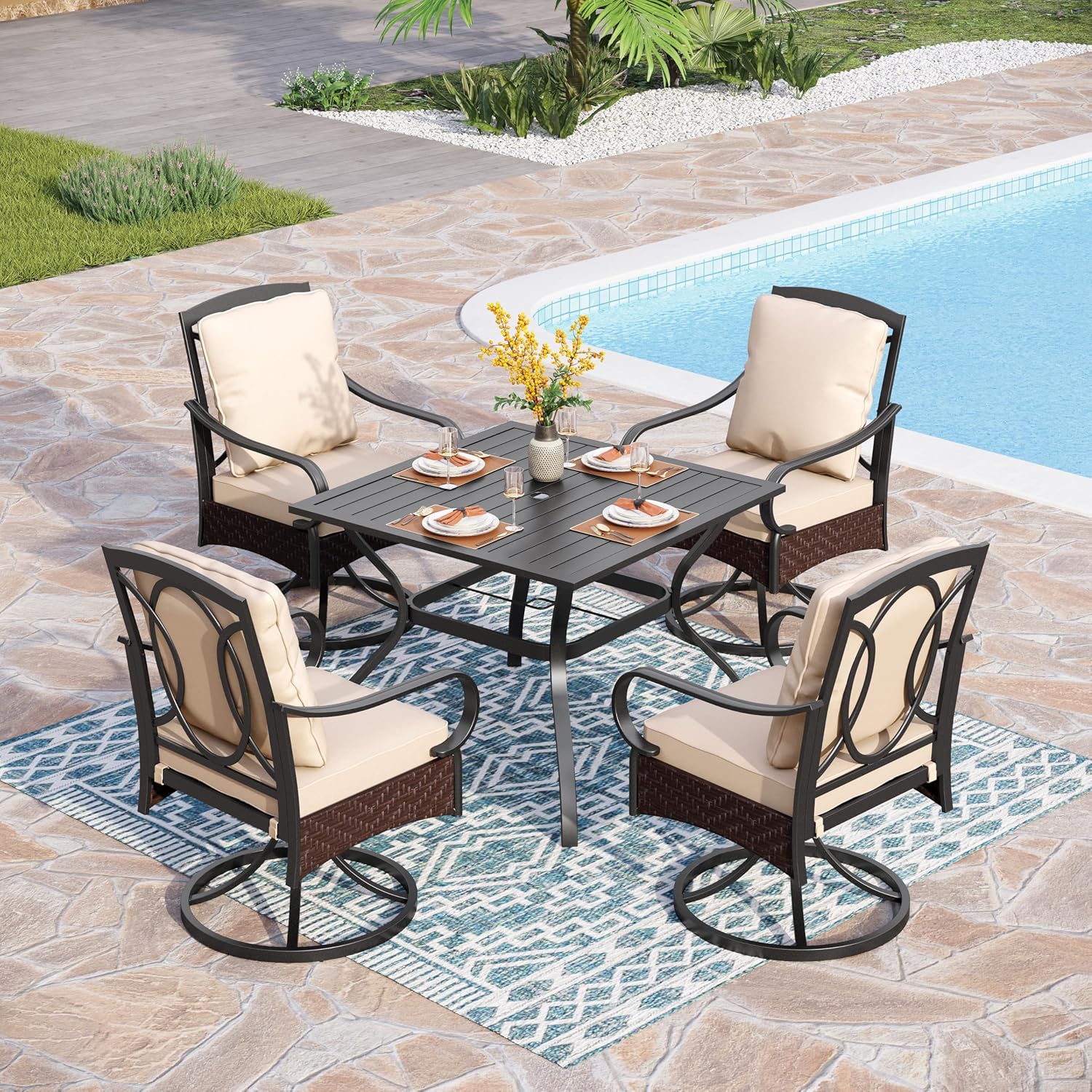 PHI VILLA 6-Piece Outdoor Dining Sets, All-Weather Patio Table and Chairs Set with Umbrella for 4, Heavy Duty Patio Round Table Set for Deck, 4 Extra Large Outdoor Swivel Chairs with Thick Cushions