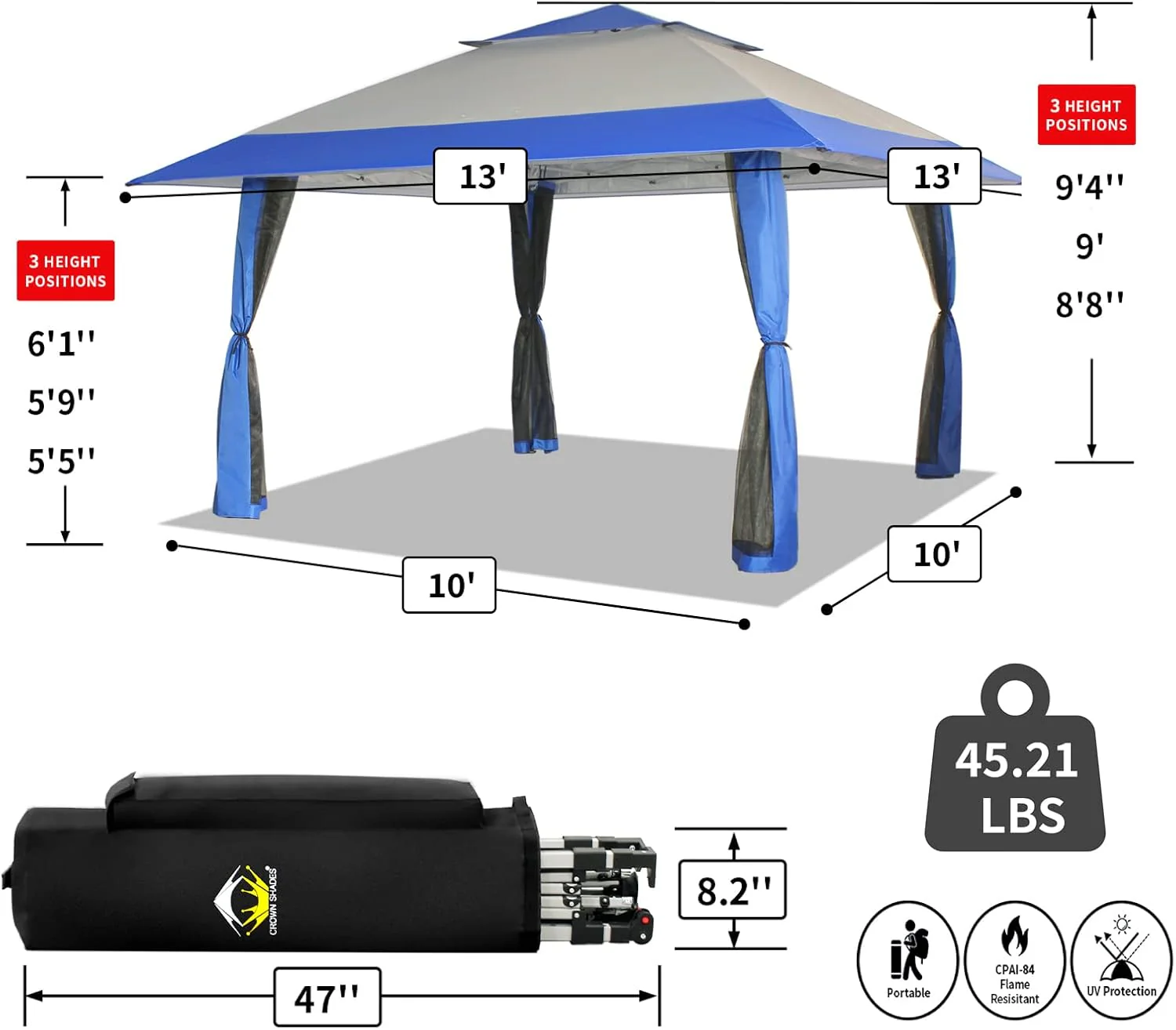 CROWN SHADES 13x13 Pop Up Gazebo, Canopy Tent, Gazebos on Clearance - Outdoor Gazebo for Backyard & Patio Furniture - Carpa Pop Up Tent with Wheeled STO-N-Go Cover Bag (White)