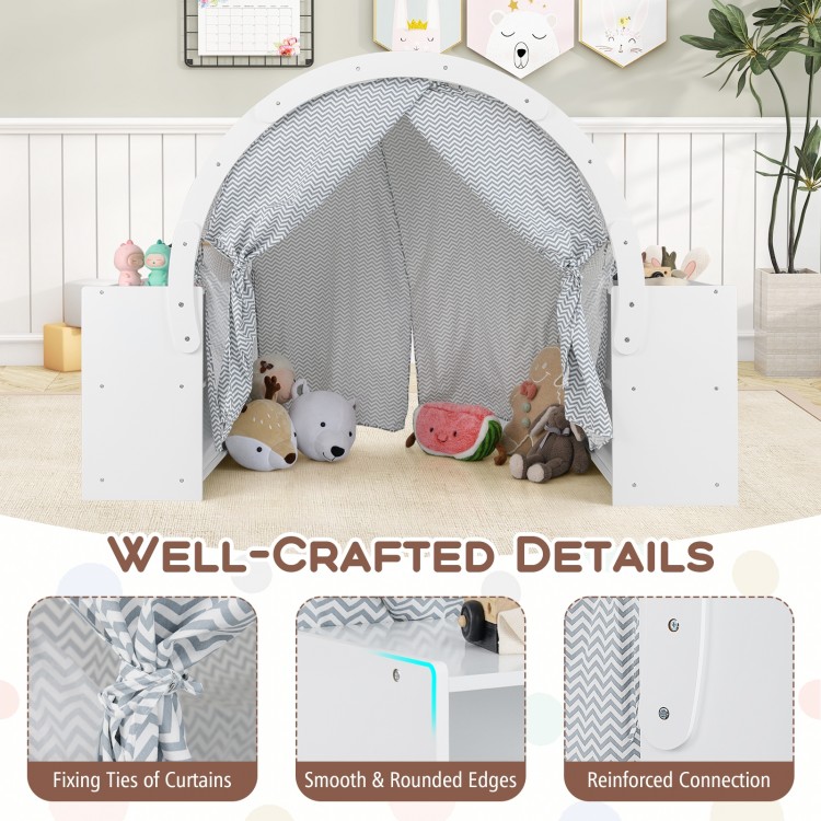 Wooden Kids Play Tent with Curtain Shades and 8 Cubbies