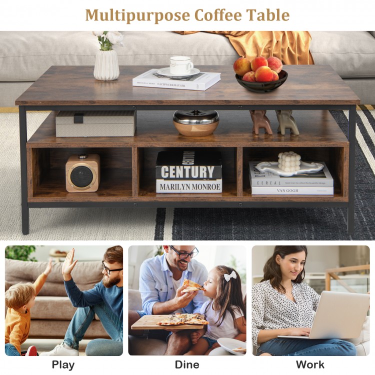 3-Tier Industrial Style Coffee Table with Storage and Heavy-duty Metal Frame