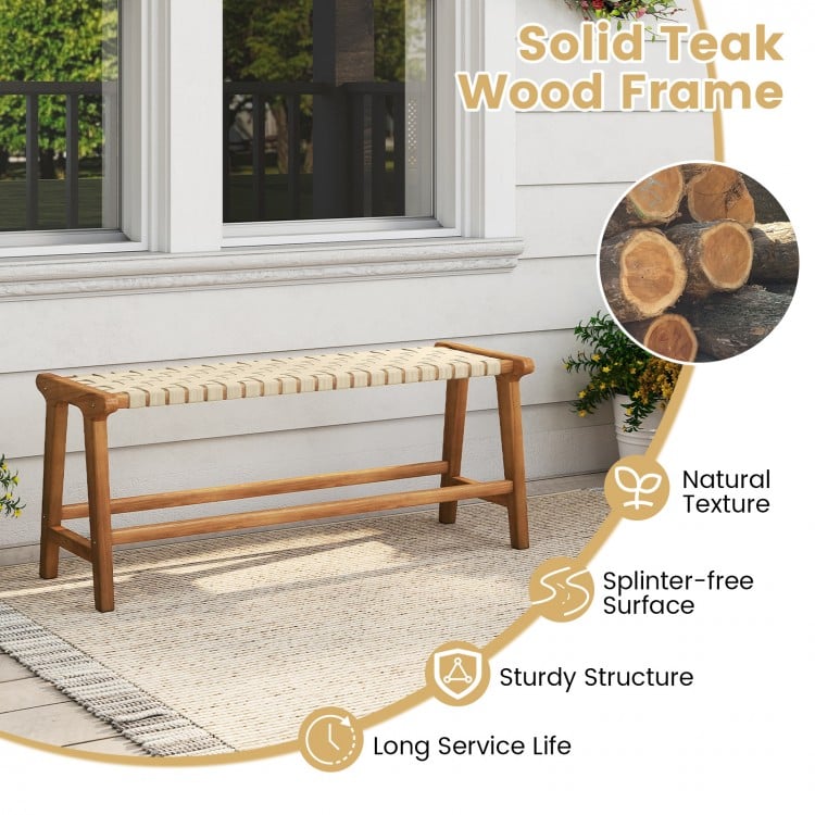 47 Inches Long Teak Wood Patio Bench with Weave Seat and Solid Wood Legs