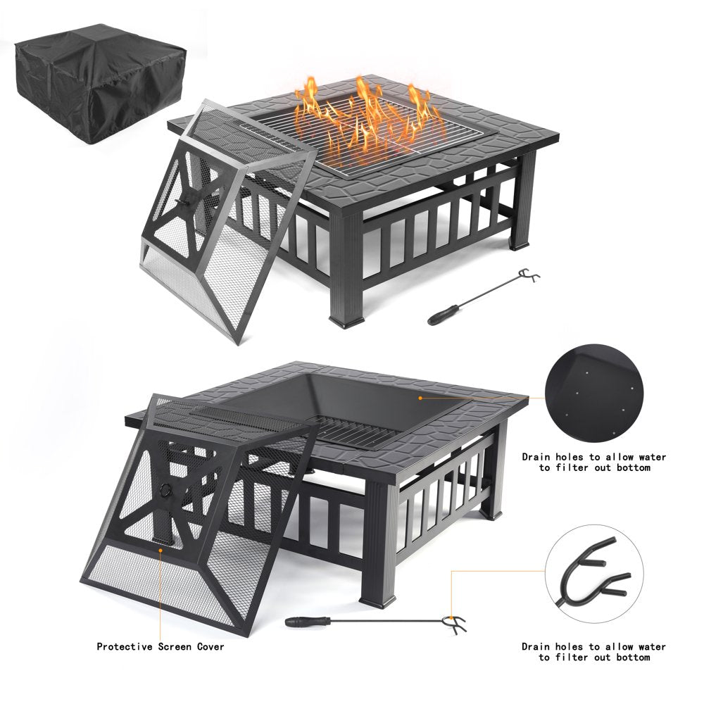 UHOMEPRO 32′′ Outdoor Fire Pit Table, Rust-Resistant Steel, Mesh Lid, BBQ Net, Ice Tray, Cover Included