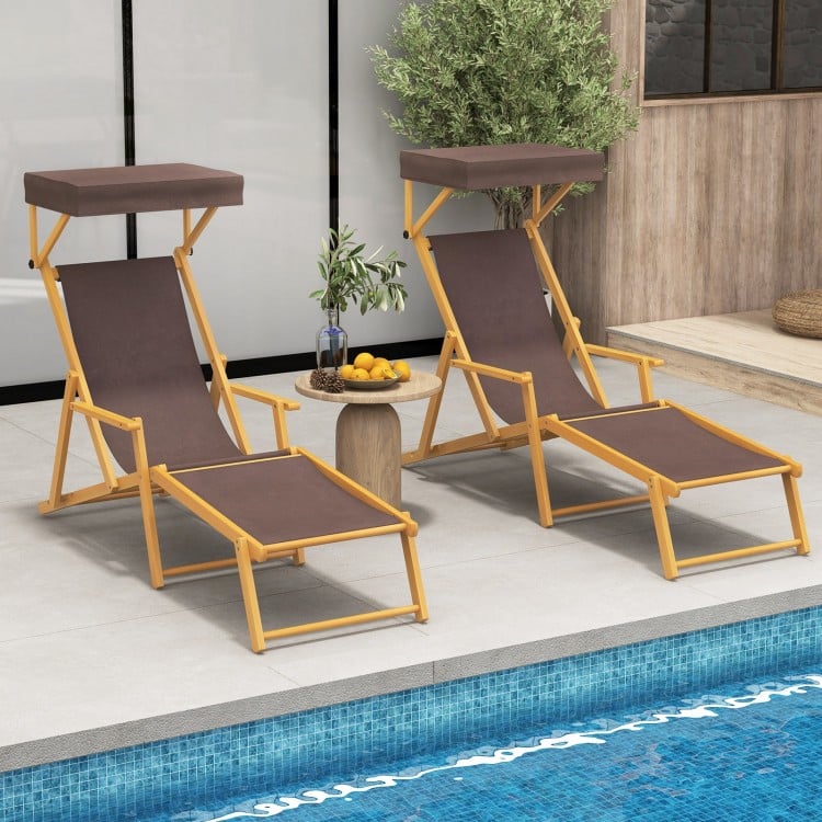 Birch Wood Chaise Lounge Chair Foldable Beach Chair with Adjustable Canopy