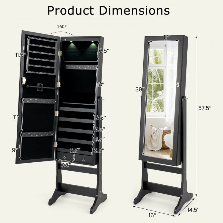 Lockable Freestanding Jewelry Cabinet Armoire with Full-Length Mirror and Lights
