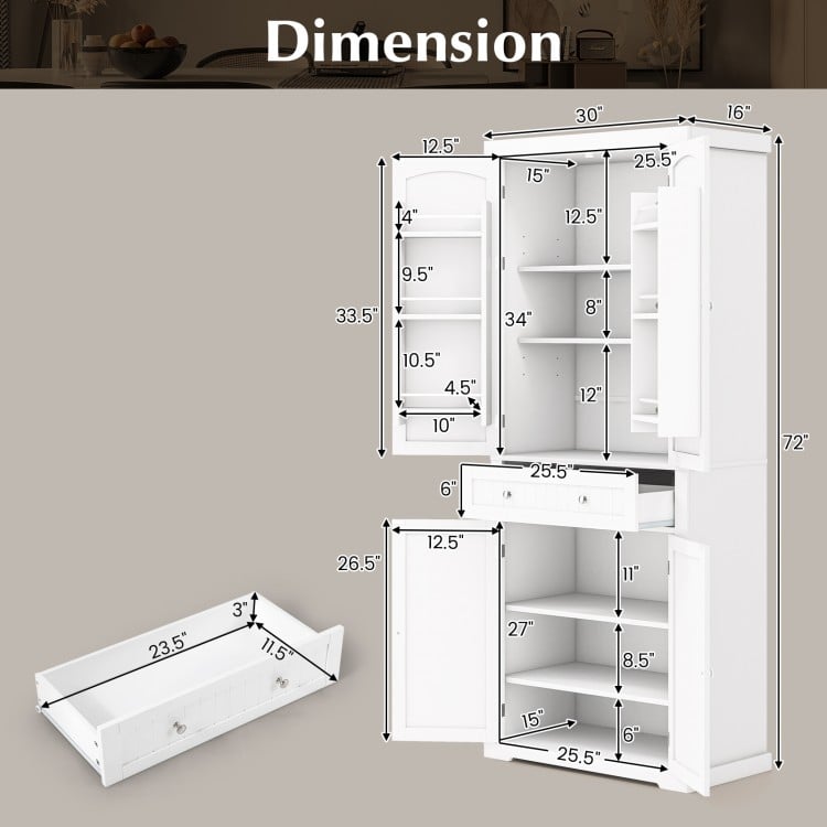 72 Inch Freestanding Kitchen Pantry Cabinet 4 Doors Storage Cupboard Shelves Drawer