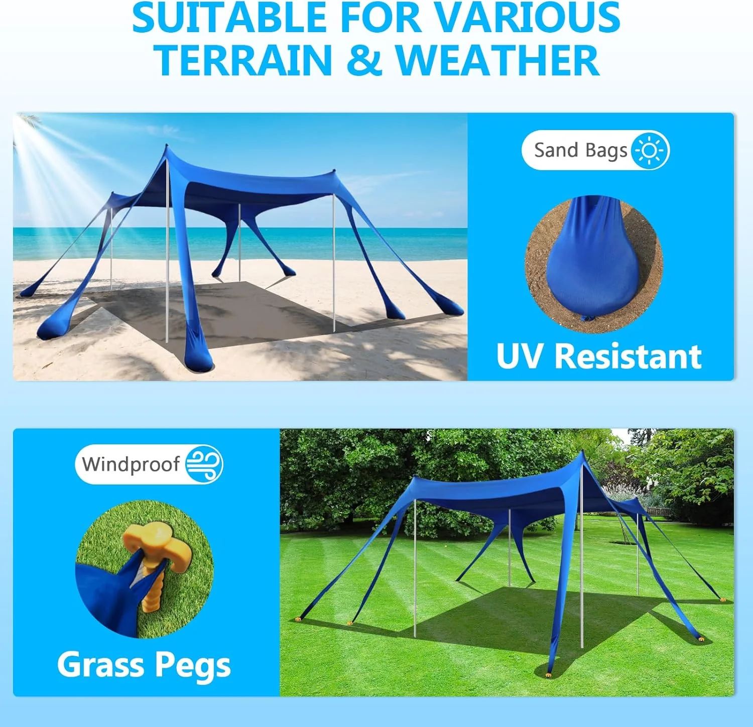 Beach Tent Sun Shelter, 10 x 10 FT Beach Canopy Tent Sun Shade Heavy Duty, UPF50+ Beach Tent Canopy with 8 Sandbags & 4 Stability Poles, Outdoor Beach Shade Canopy for Camping and Fishing, Blue