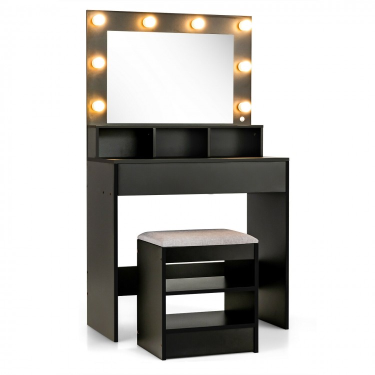 Vanity Table Set with Cushioned Stool and Lighted Mirror