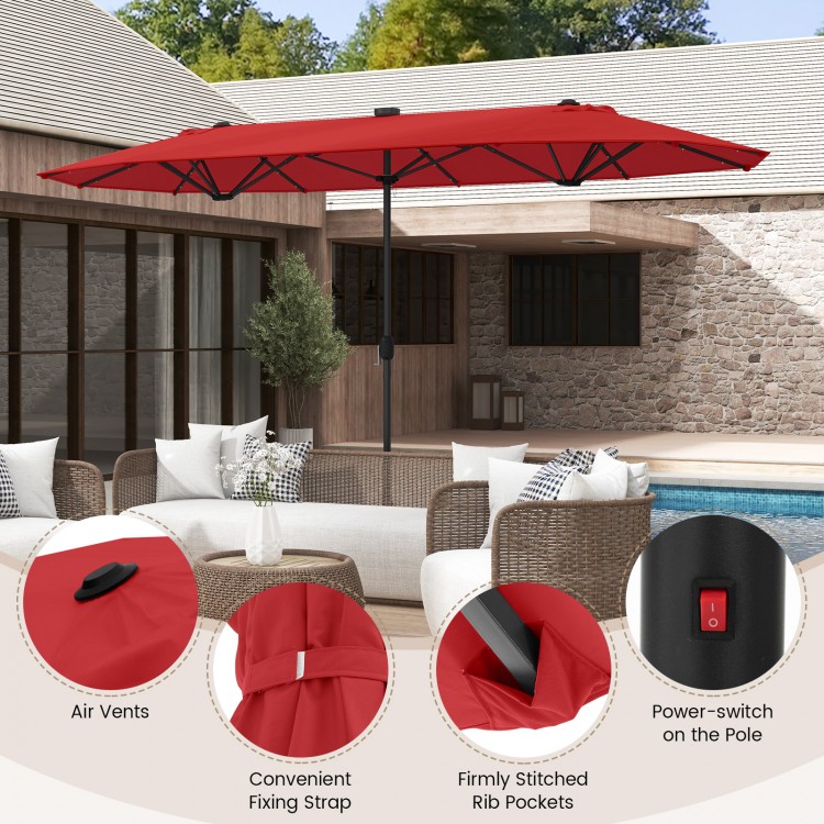 13FT Double-sided Patio Umbrella with Solar Lights for Garden Pool Backyard