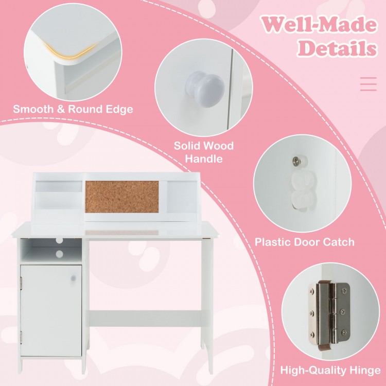 Wooden Kids Study Desk and Chair Set with Storage Cabinet and Bulletin Board
