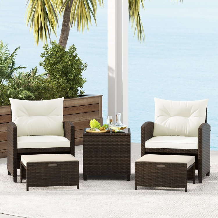 5 Pieces Patio Rattan Furniture with 2 Ottomans and Tempered Glass Coffee Table