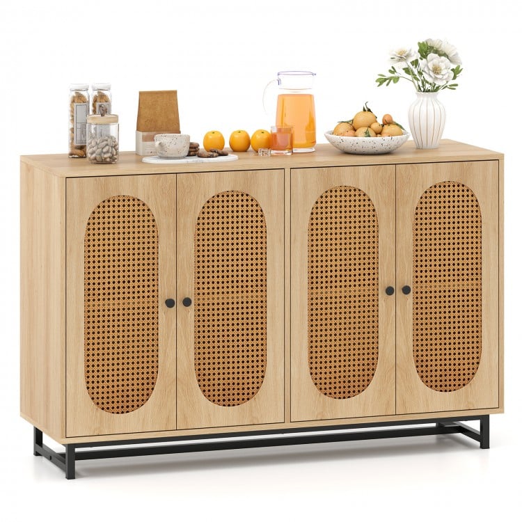 50 Inch Buffet Sideboard Cabinet with 4 Rattan Doors and Adjustable Shelves