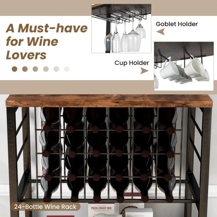 Wine Bar Cabinet Wine Rack with 4 Tier Storage Shelves and Glass Holders